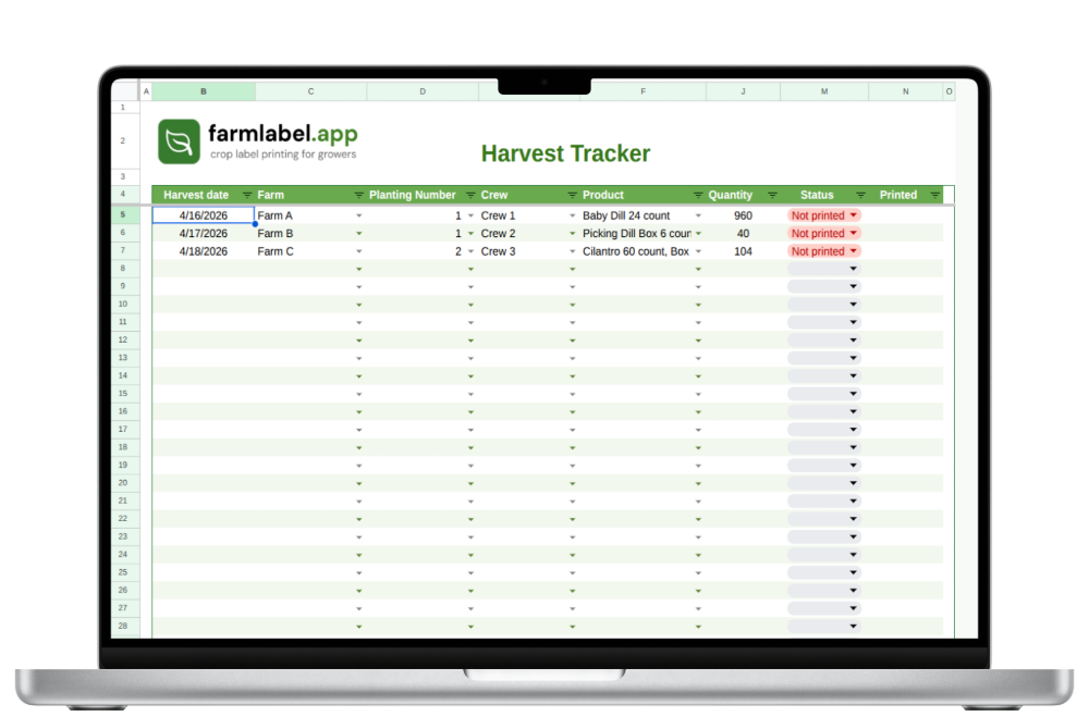 Harvest Tracker Google Sheet Screenshot